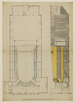 216631 Plattegrond en doorsnede van het ontwerp voor een nieuwe schouwburg aan het Vredenburg te Utrecht.